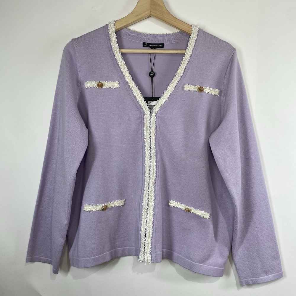 Adrianna Papell Womens Boucle Trim V Neck Cardigan Lilac Size M Preppy Feminine